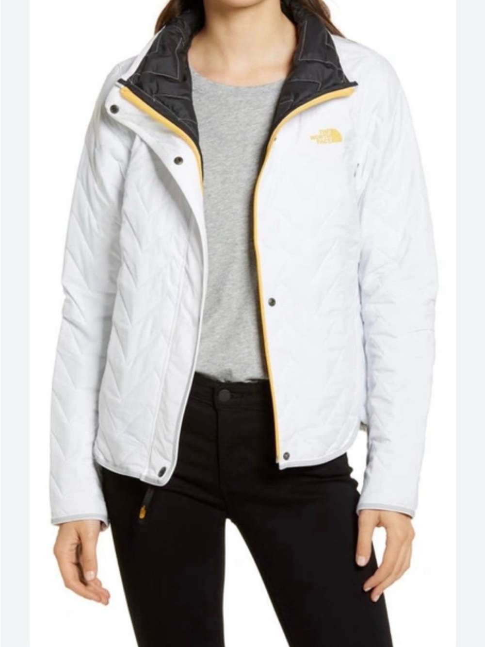 The North Face Women's White Quilted Insulated Jacket with Yellow Trim